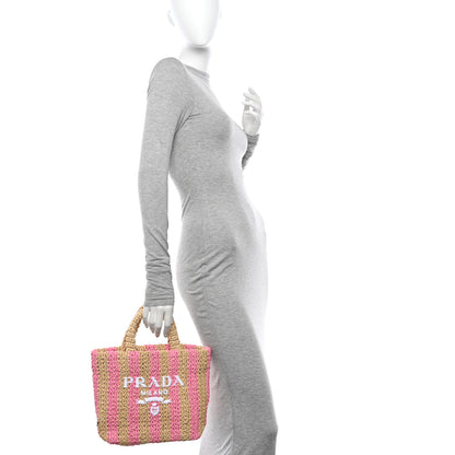 Prada Yarn Raffia Effect Crochet Striped Small Logo Tote Naturale Petalo 2 of 9
