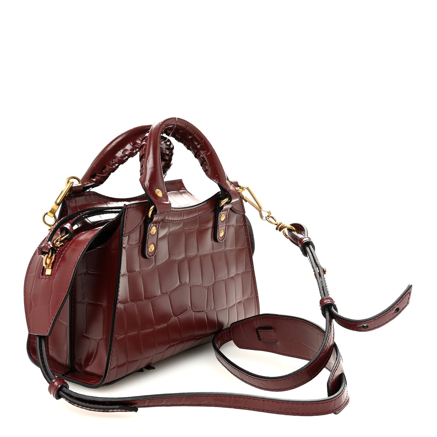 Semi Shiny Calfskin Crocodile Embossed Neo Classic Gold Hardware Mini City Dark Red