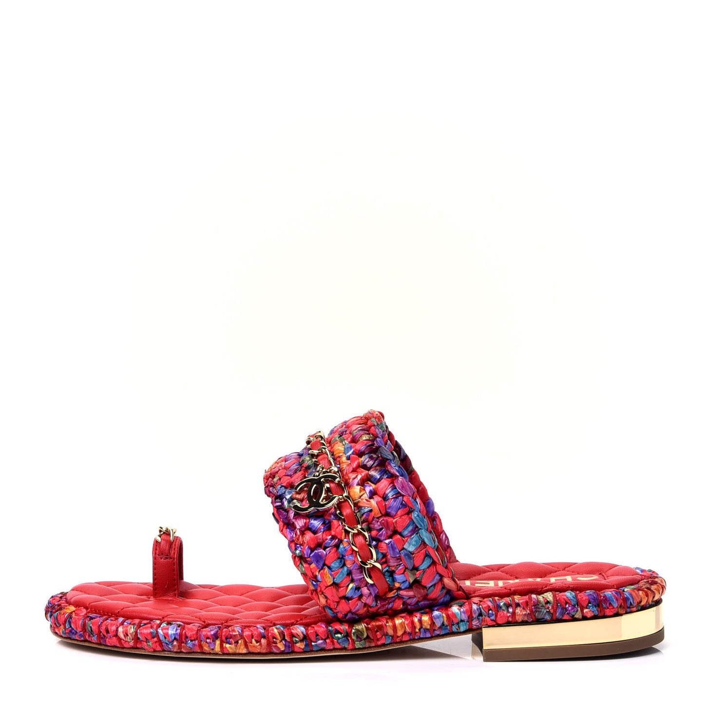 Raffia Lambskin Woven Chain CC Toe Ring Sandals 36.5 Red Multicolor