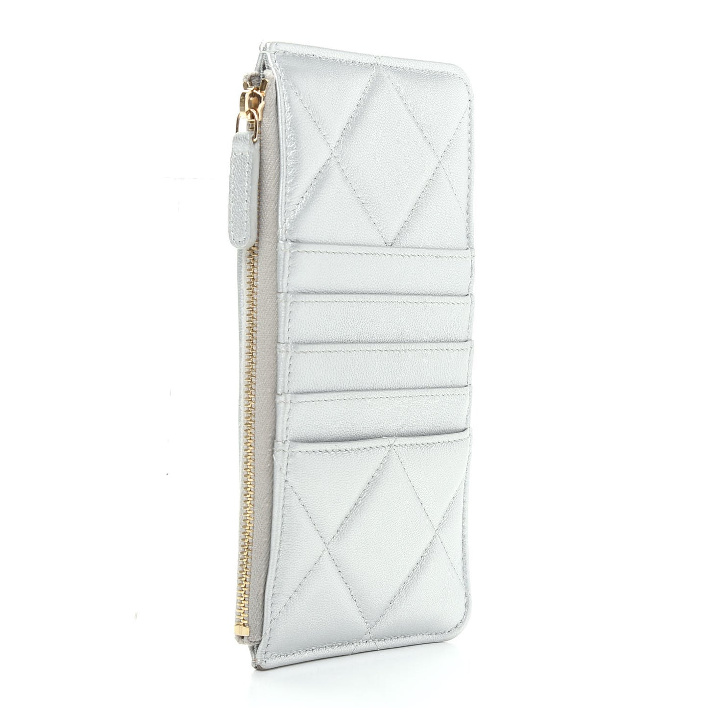 Metallic Goatskin Quilted Chanel 19 Flat Wallet Pouch Silver