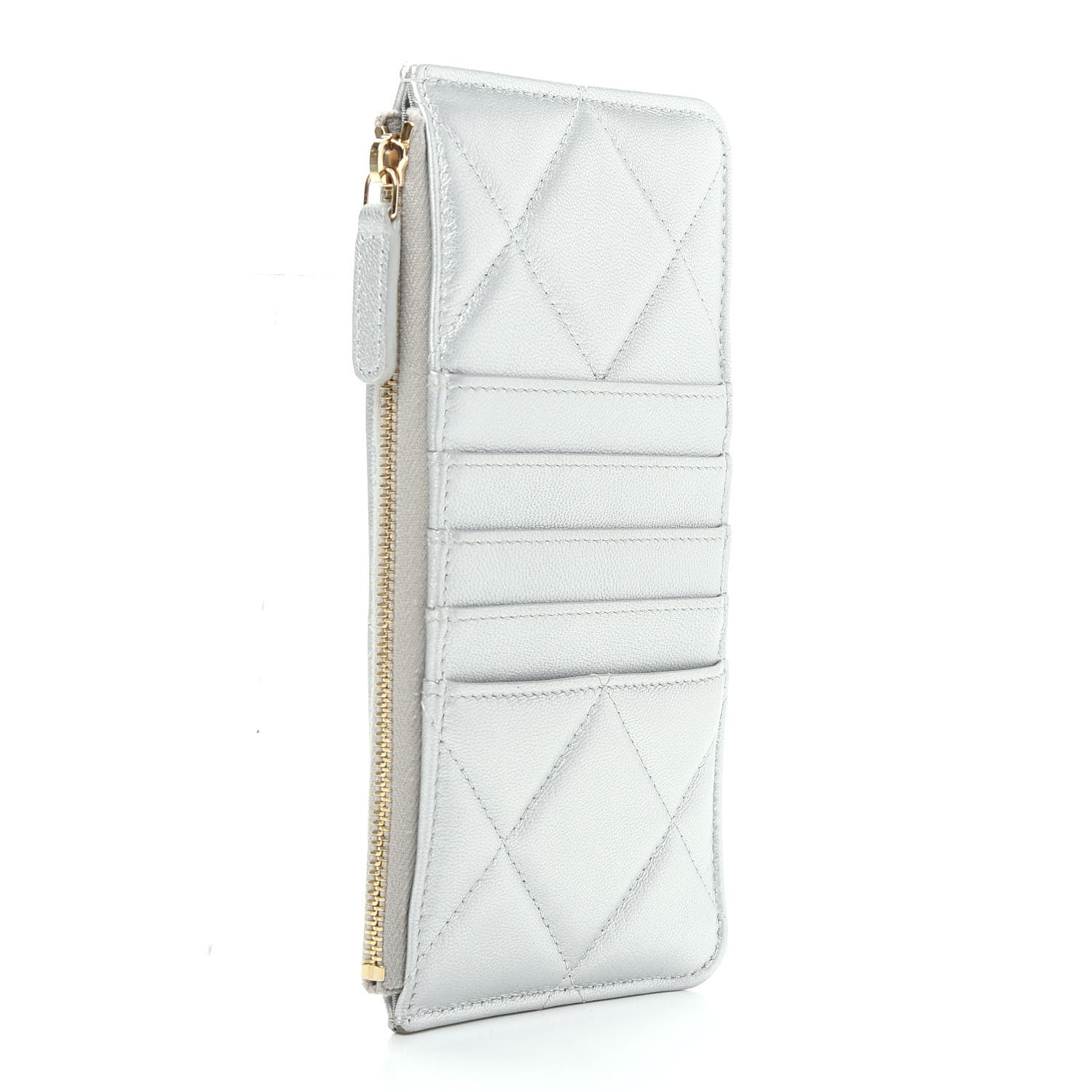 Chanel Metallic Goatskin Quilted Chanel 19 Flat Wallet Pouch Silver 3 of 10