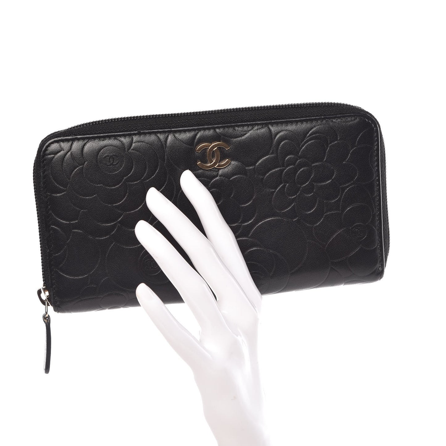 Lambskin Camellia Embossed Large Zip Around Gusset Wallet Black