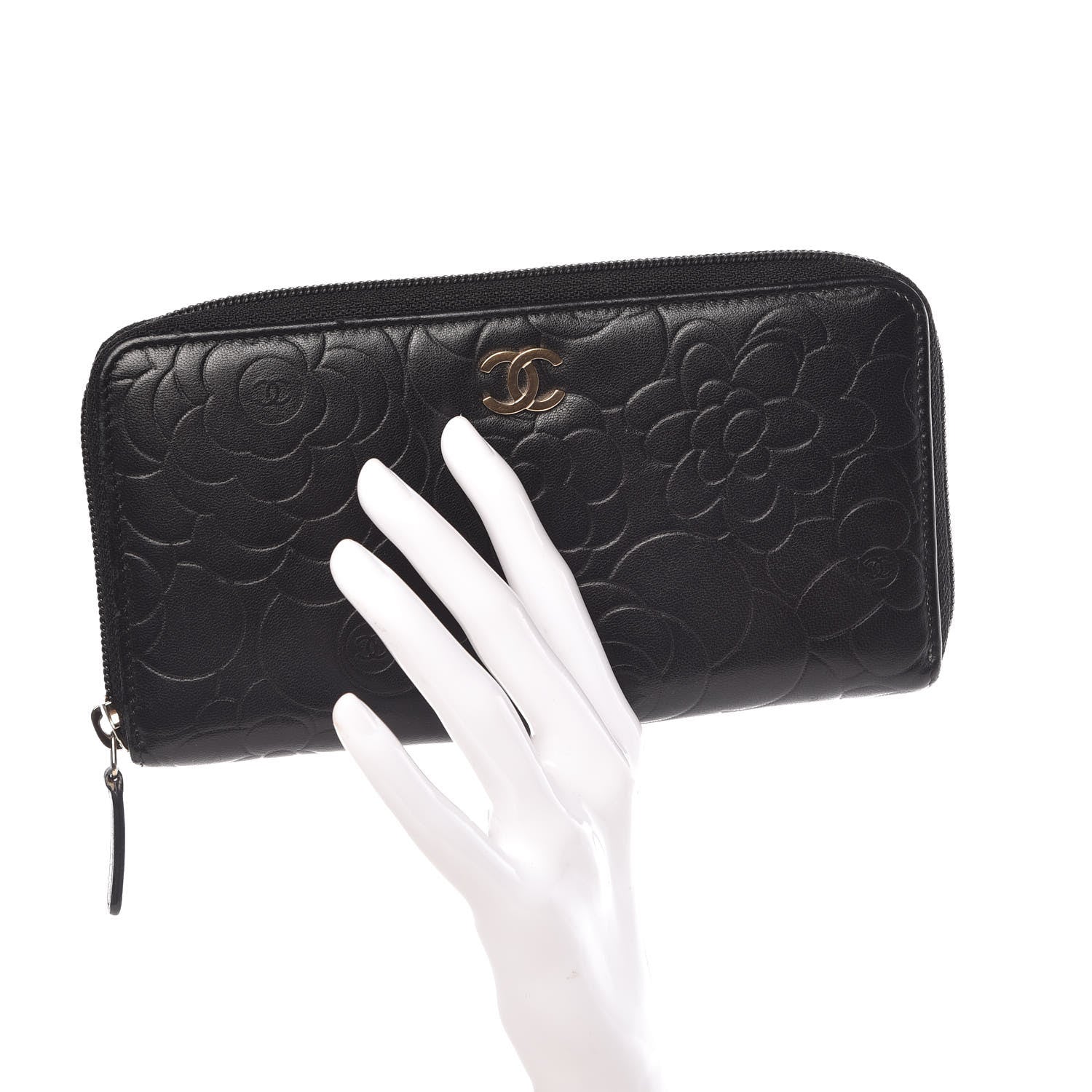 Chanel Lambskin Camellia Embossed Large Zip Around Gusset Wallet Black 2 of 12