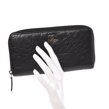 Chanel Lambskin Camellia Embossed Large Zip Around Gusset Wallet Black 2 of 12