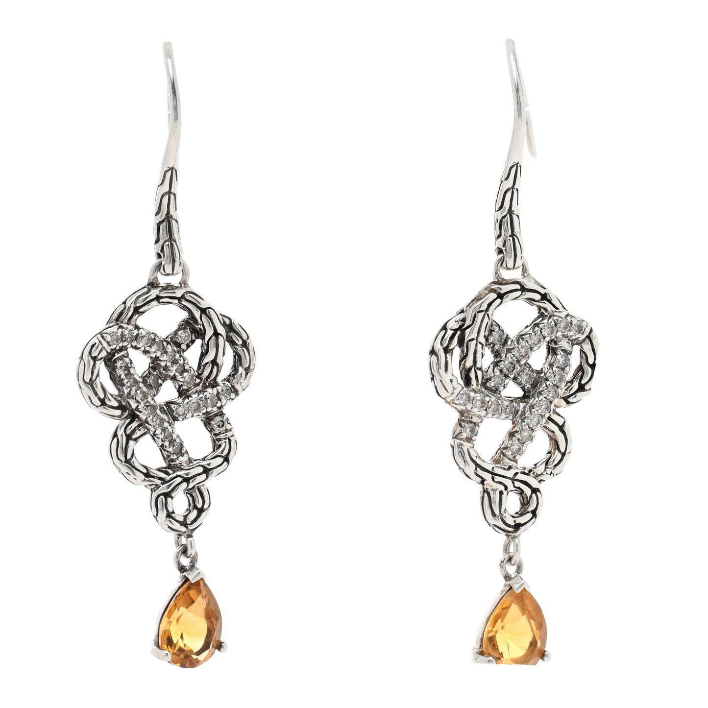 Sterling Silver Diamond Citrine Classic Chain Braided Drop Earrings