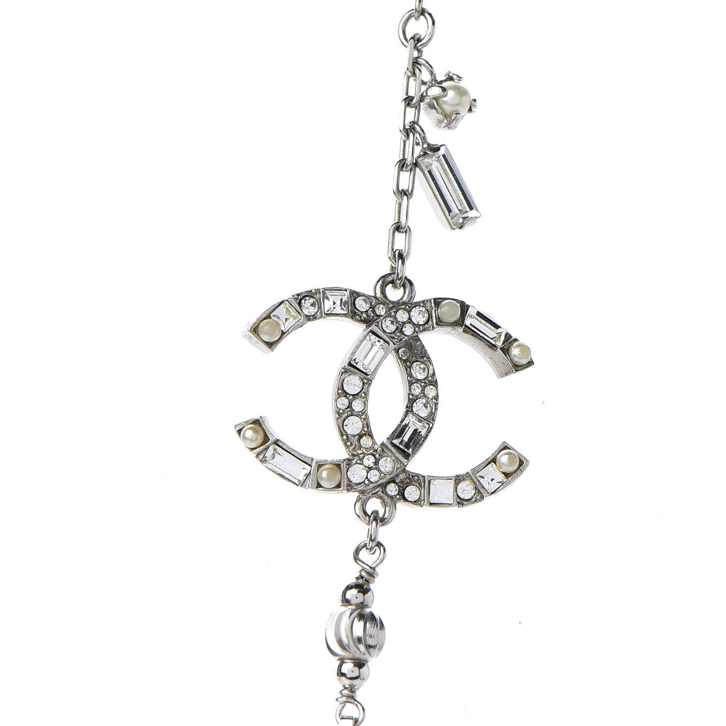 Pearl Baguette Crystal CC Long Necklace Silver