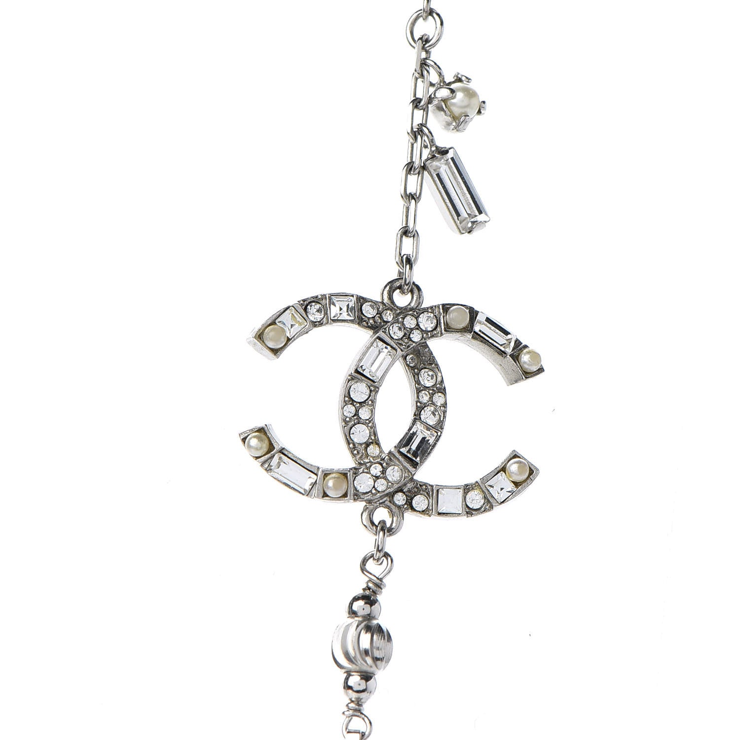 Chanel Pearl Baguette Crystal CC Long Necklace Silver 4 of 6