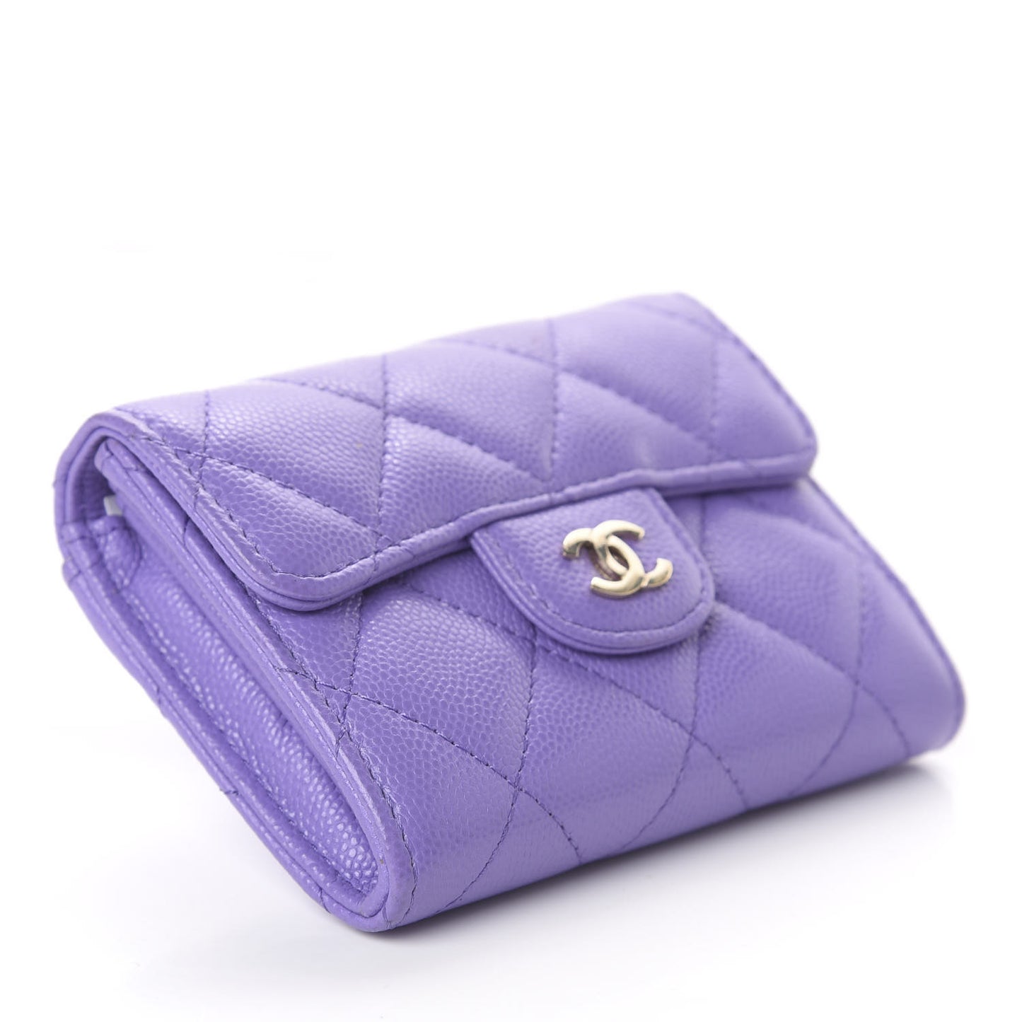 Caviar Quilted Flap Card Holder Wallet Purple