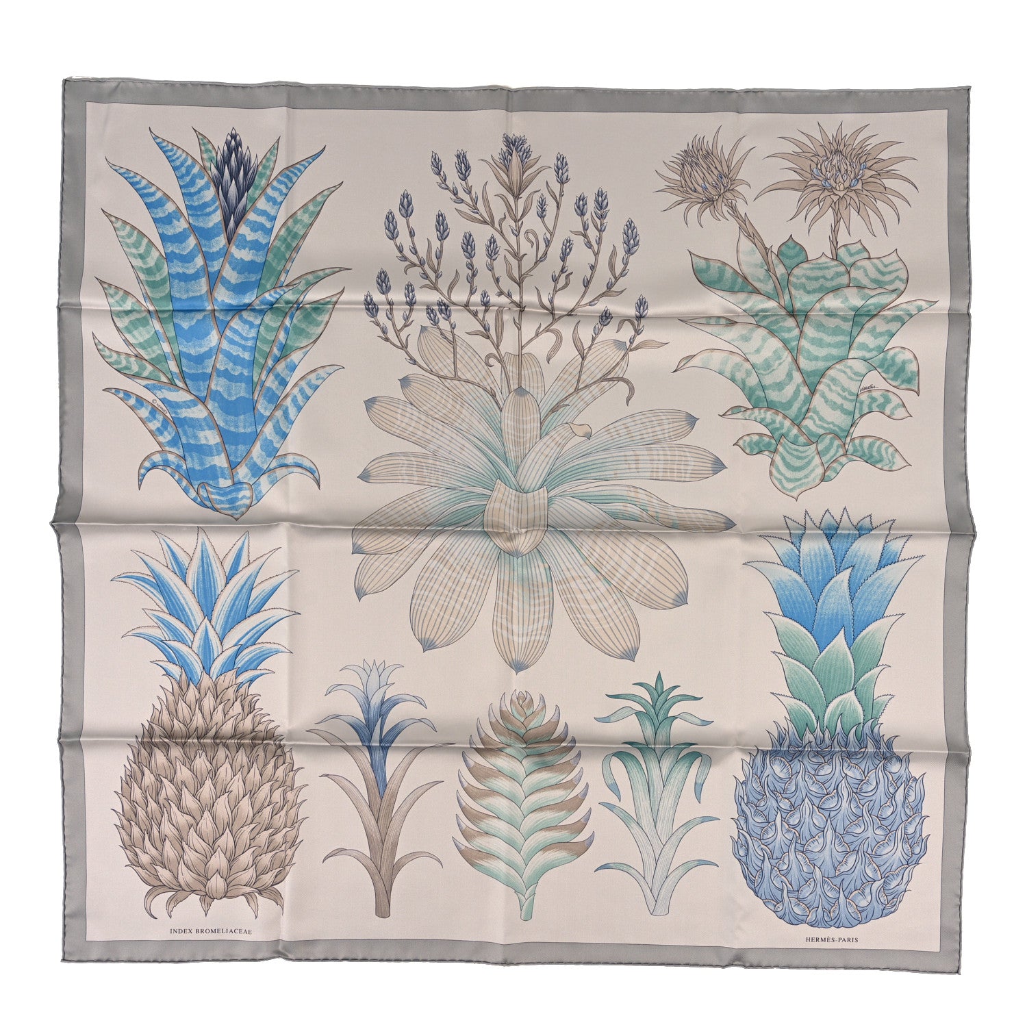 Hermes Silk Index Bromeliaceae Scarf 90 Gris Argent Bleu Vert Amande 1 of 3