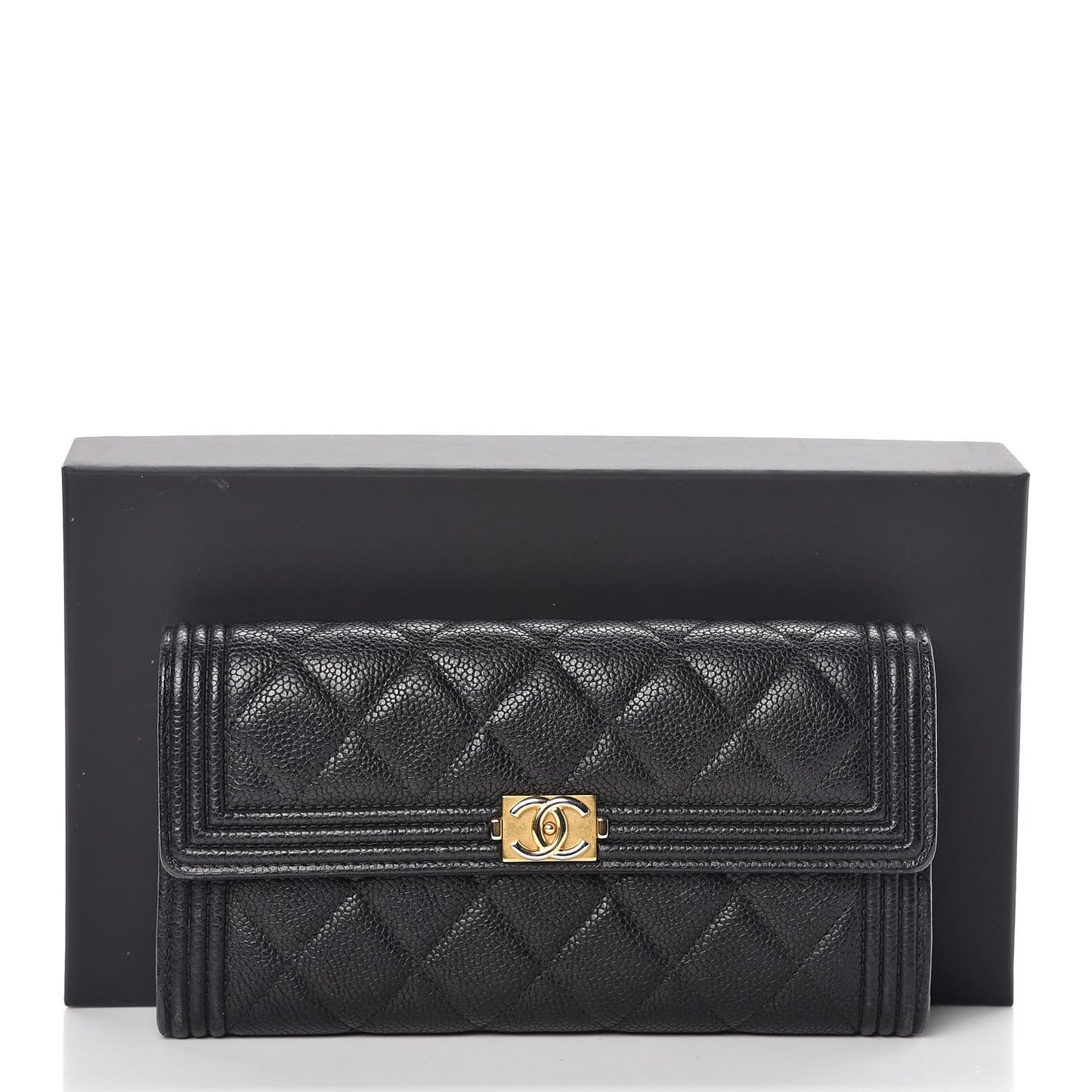Caviar Quilted Large Boy Gusset Flap Wallet Black