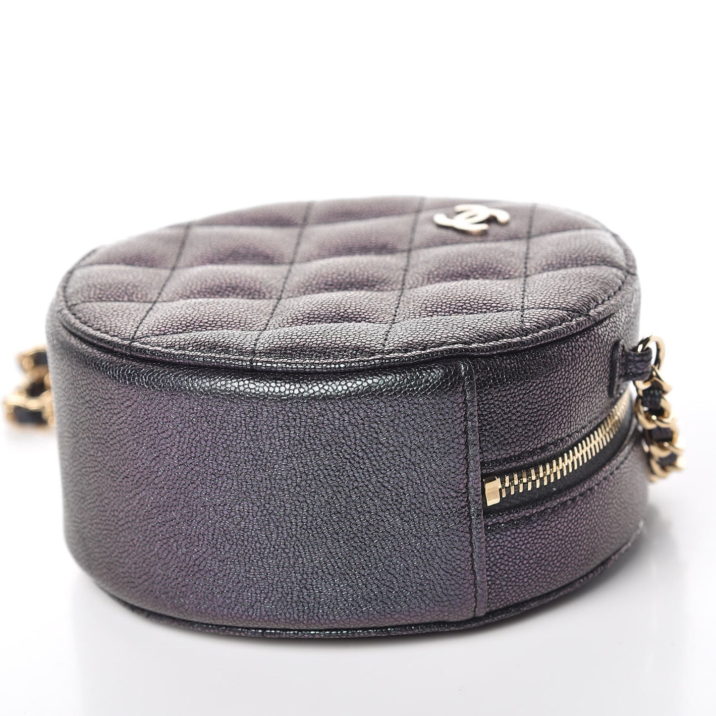 Iridescent Caviar Quilted Round Clutch With Chain Black