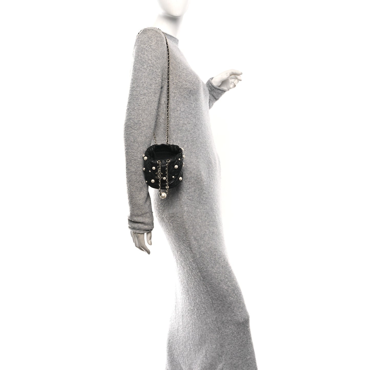 Lambskin Quilted Pearl Mini About Pearls Drawstring Bag Black