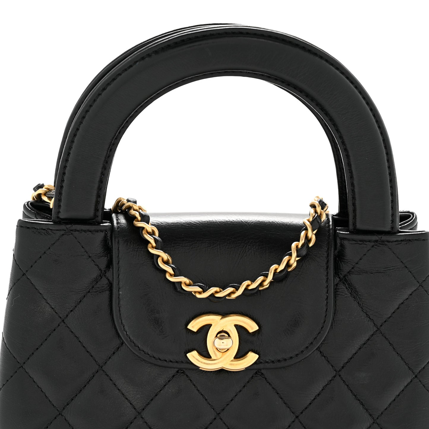 Shiny Aged Calfskin Quilted Nano Kelly Shopper Black