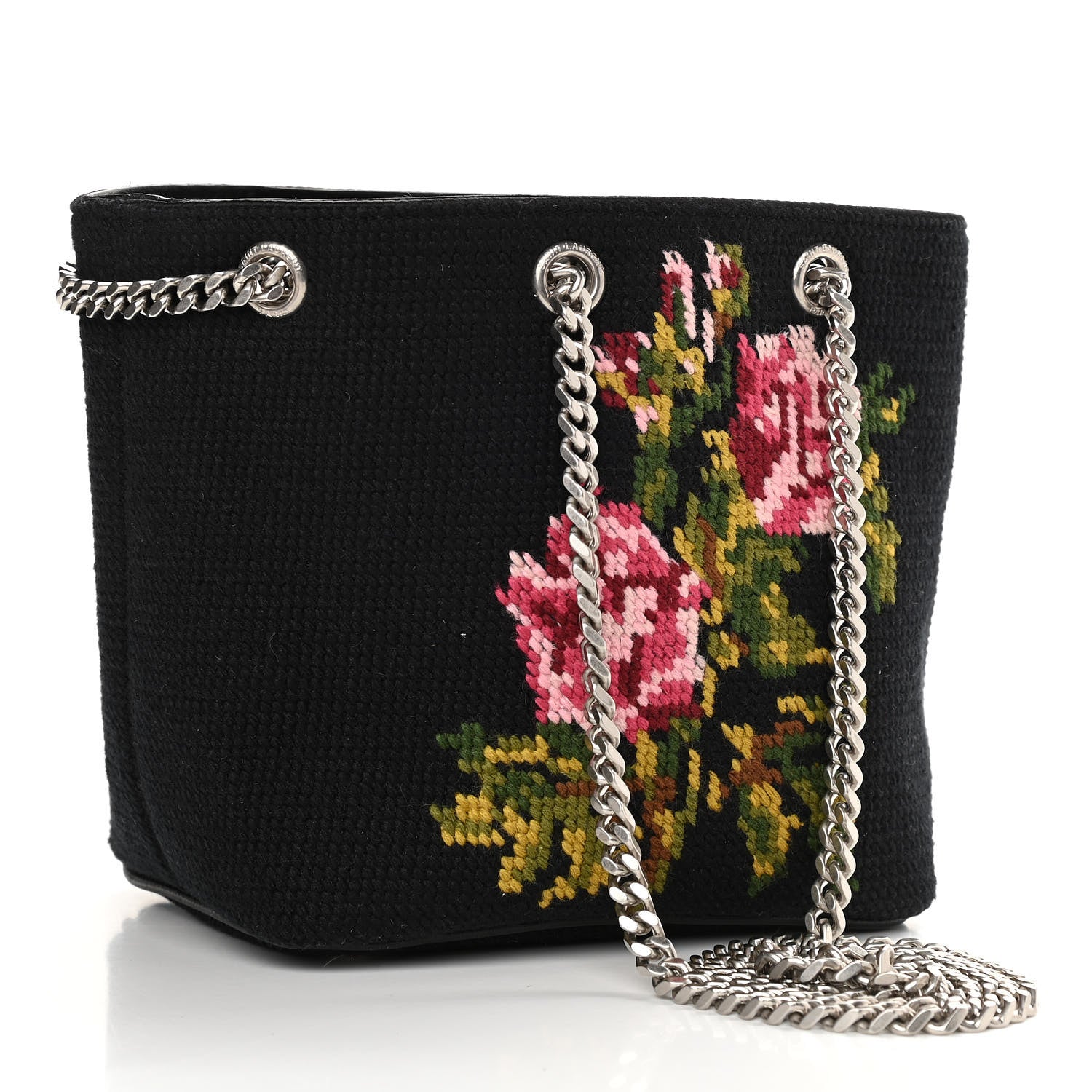 Saint Laurent Woven Wool Embroidered Baby Emmanuelle Bucket Bag Black 2 of 9