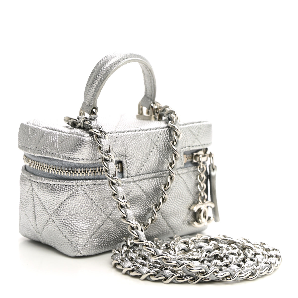 Metallic Caviar Quilted Mini Top Handle Vanity With Chain Silver