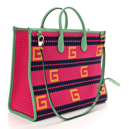 Gucci Fabric Embroidered Capri Striped Tote Bag Violet Fuchsia 3 of 10