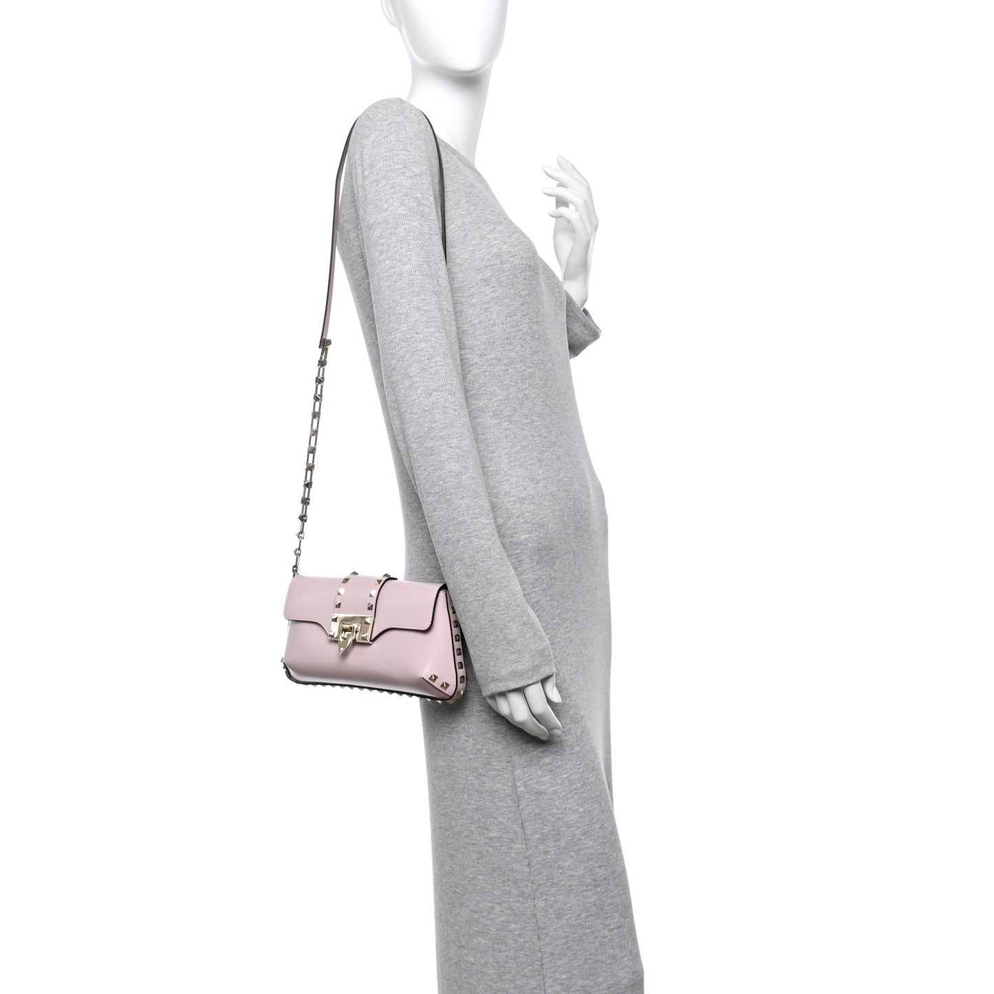 Brushed Calfskin Rockstud Flip Lock Chain Shoulder Bag Rose Quartz