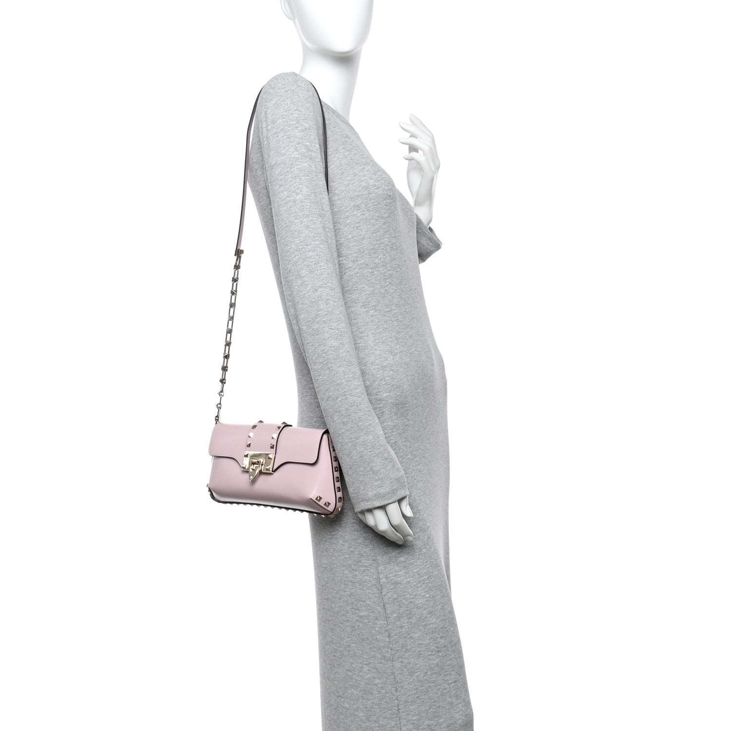 Valentino Garavani Brushed Calfskin Rockstud Flip Lock Chain Shoulder Bag Rose Quartz 2 of 10