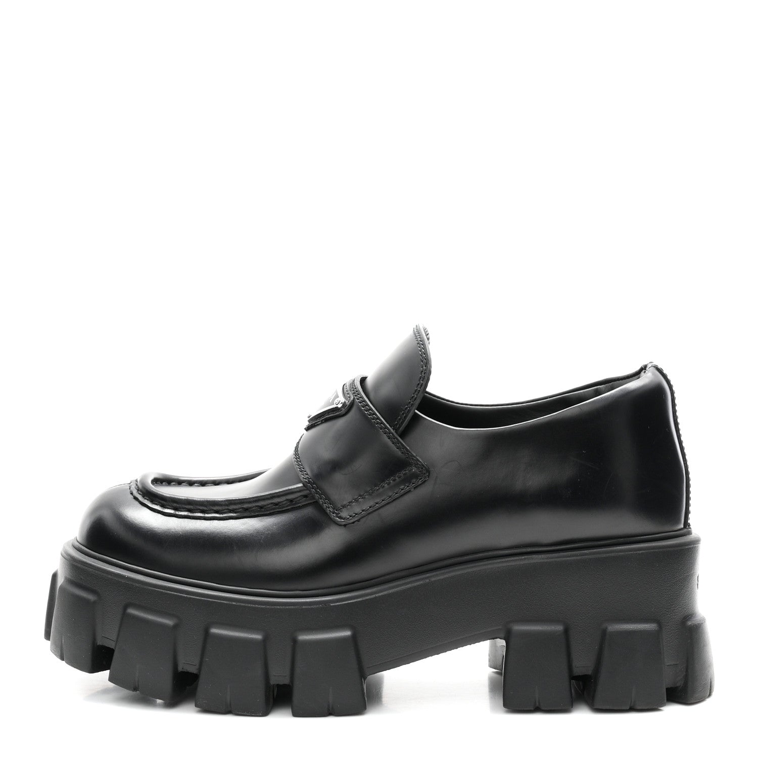 Prada Spazzolato Rois Metal Triangle Logo Monolith 55mm Loafers 37 Black 1 of 9