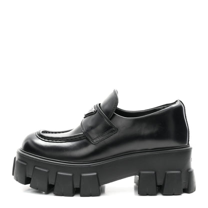 Prada Spazzolato Rois Metal Triangle Logo Monolith 55mm Loafers 37 Black 1 of 9