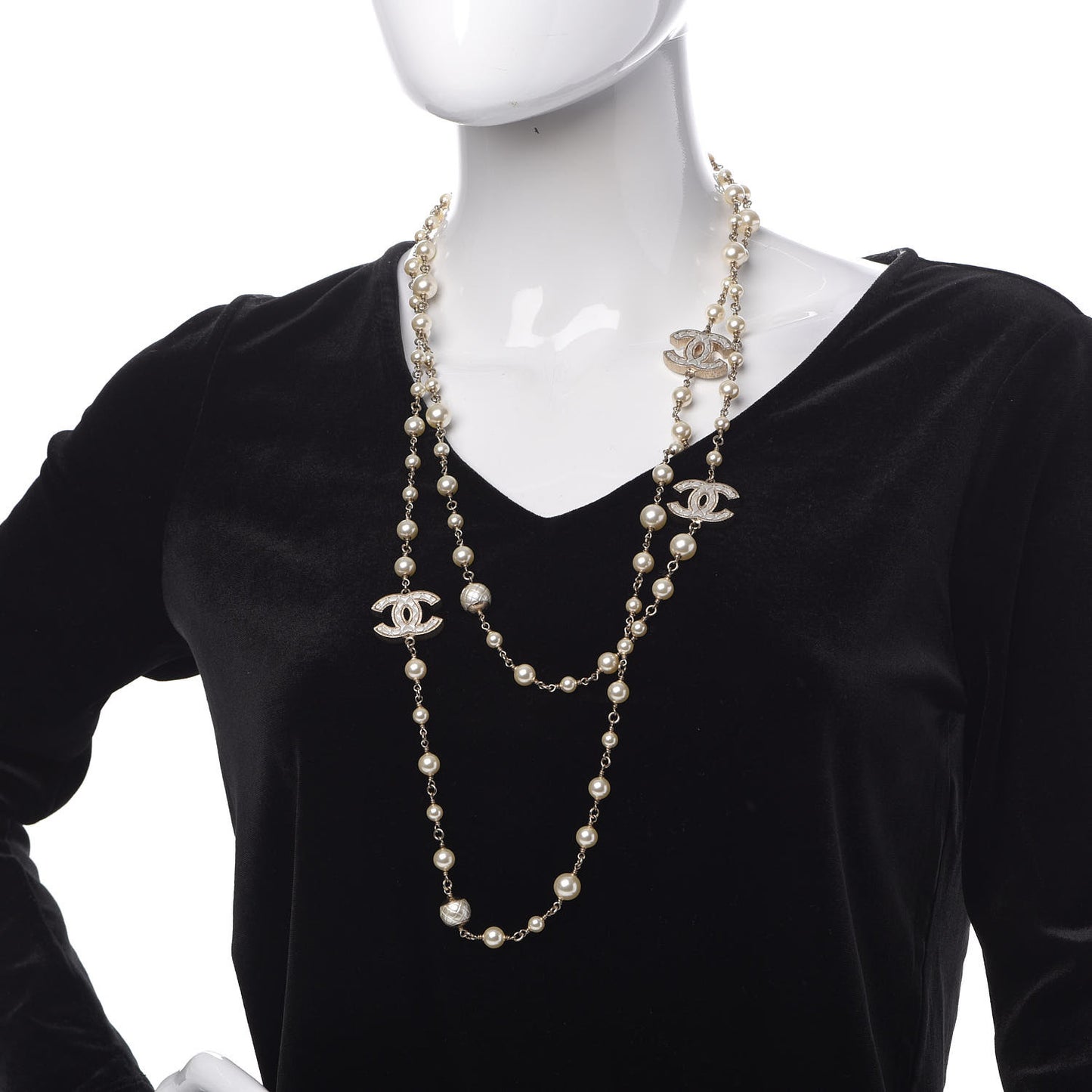 Metal Quilted Pearl CC Long Necklace Light Gold