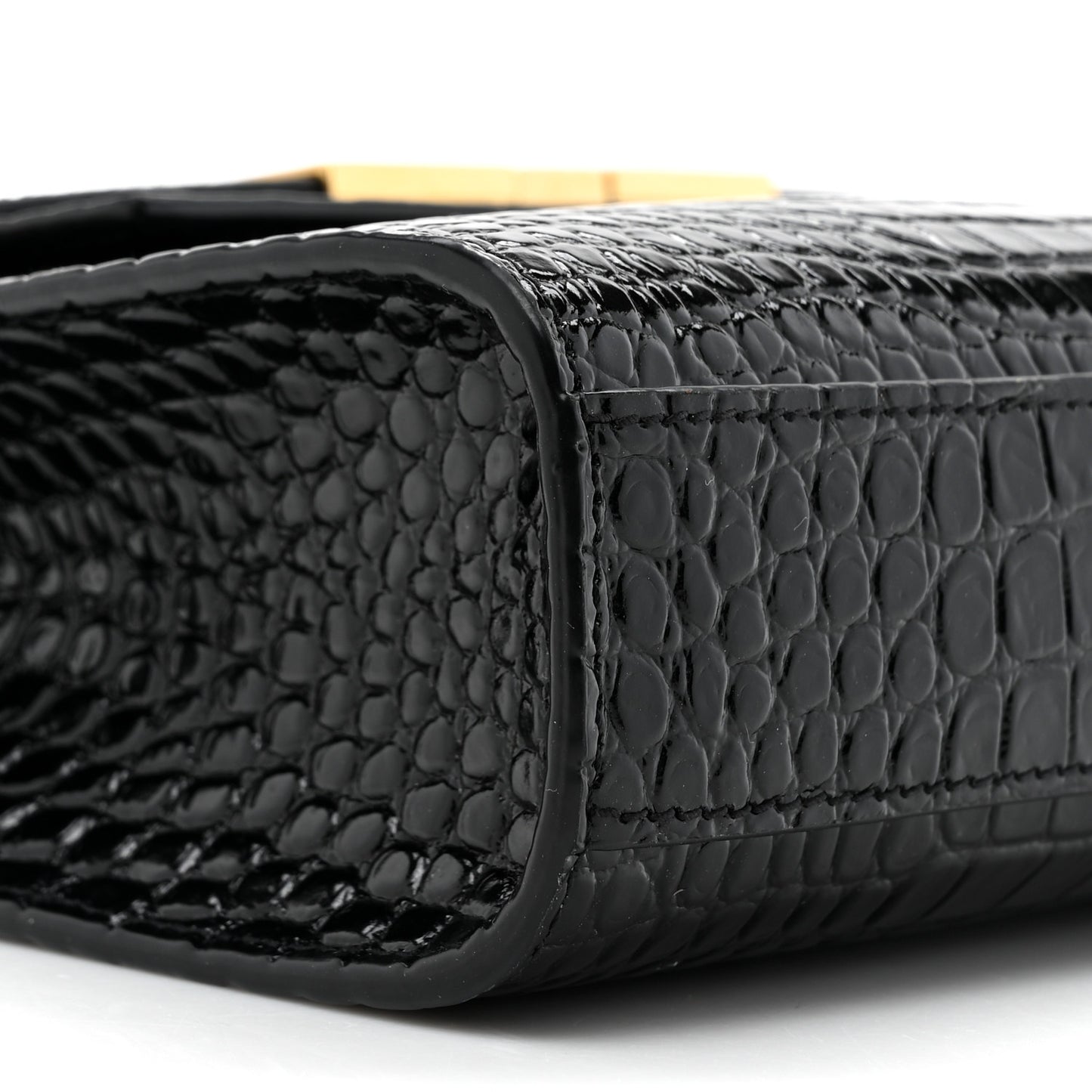 Shiny Calfskin Crocodile Embossed Manhattan Baguette Black