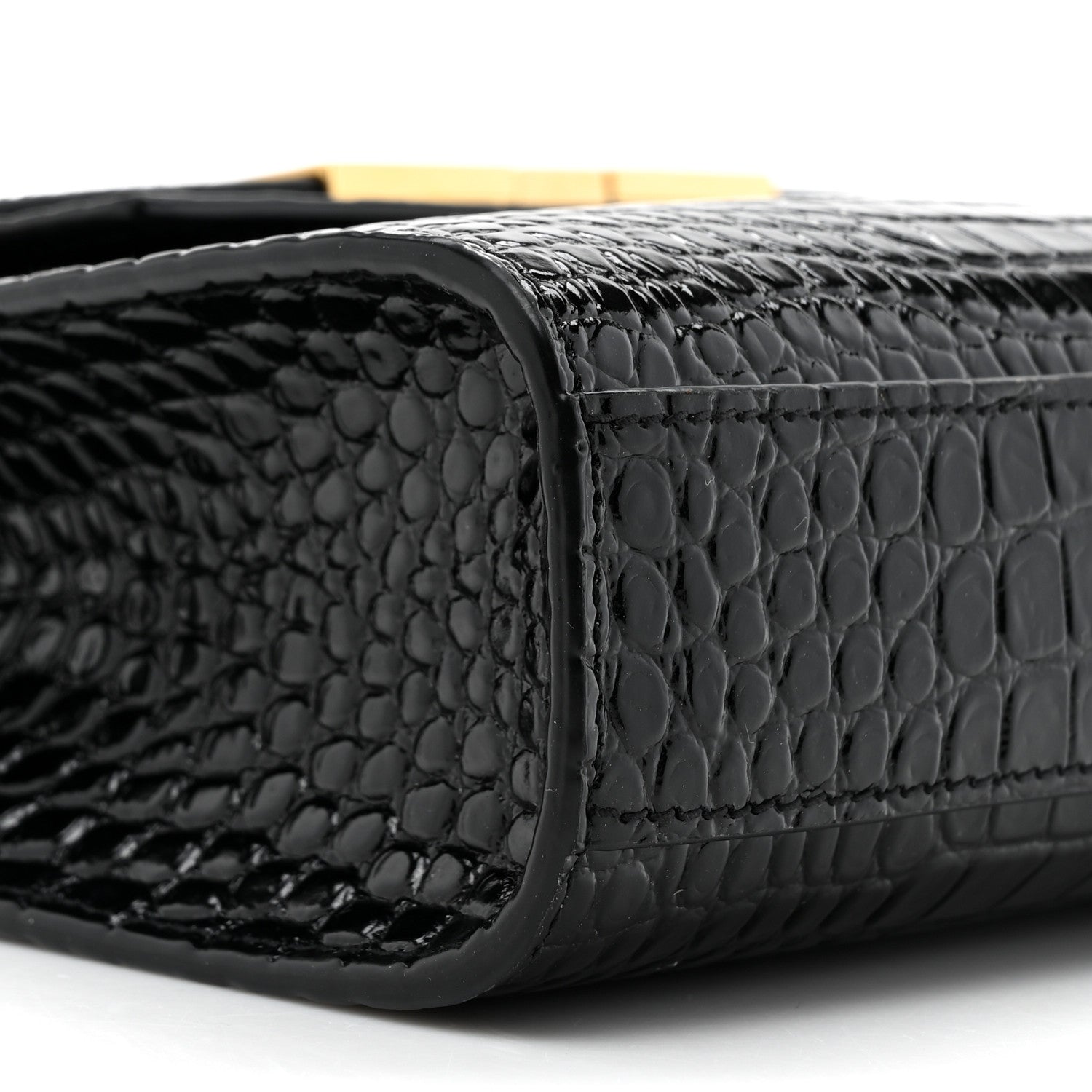 Saint Laurent Shiny Calfskin Crocodile Embossed Manhattan Baguette Black 10 of 11