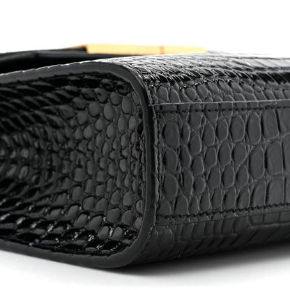 Saint Laurent Shiny Calfskin Crocodile Embossed Manhattan Baguette Black 10 of 11
