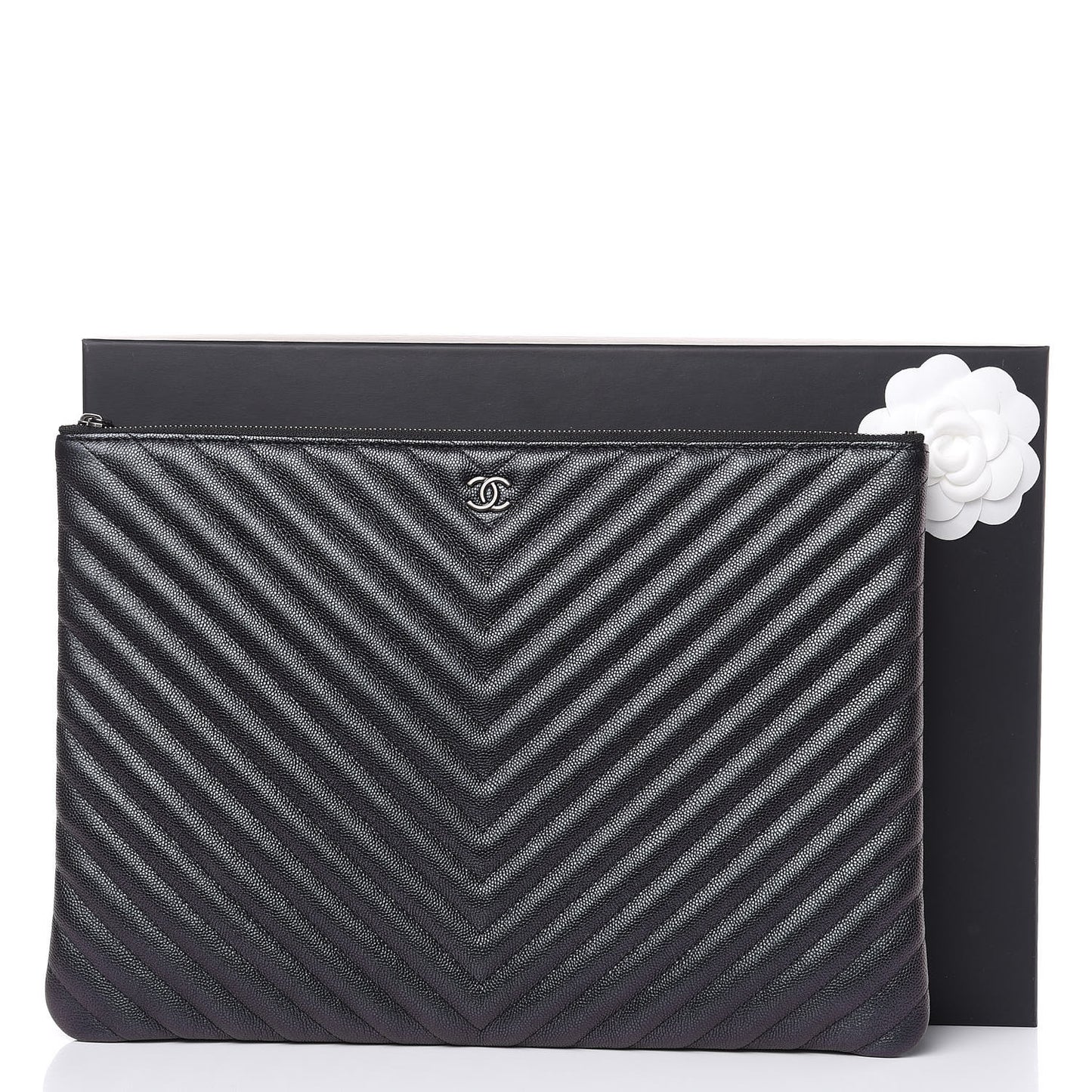 Iridescent Caviar Chevron Quilted Large Cosmetic Case Black
