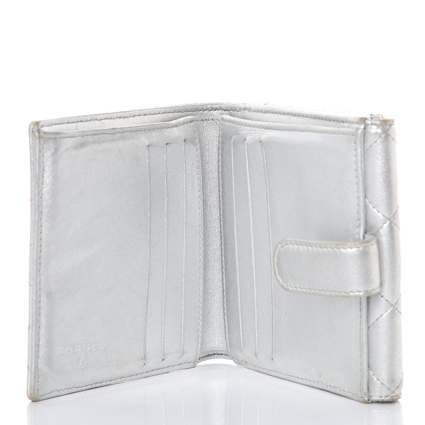Metallic Lambskin Quilted Compact French Flap Wallet Silver