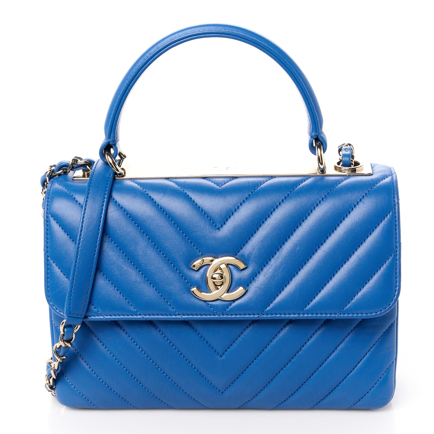 Lambskin Chevron Quilted Small Trendy CC Dual Handle Flap Bag Blue