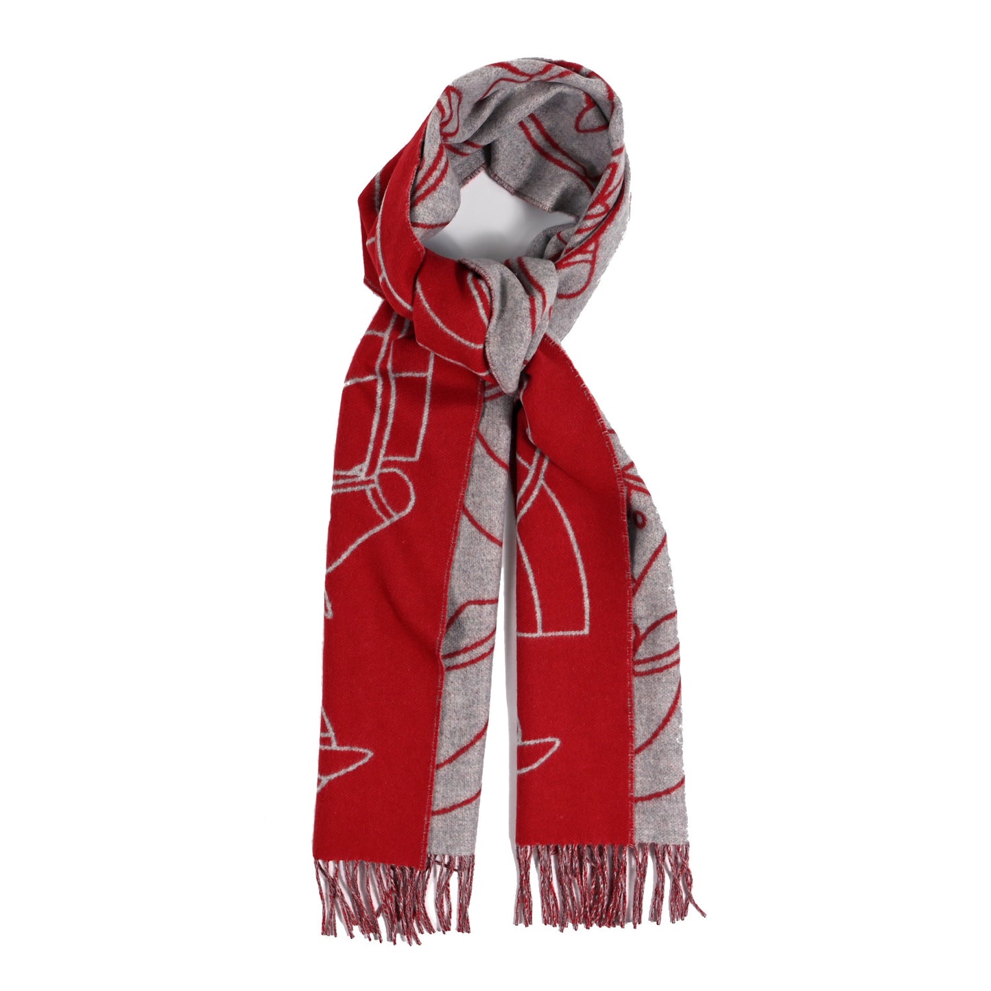 Cashmere Casaque Entrelacs Equestres Muffler Gris Clair Rouge Carmin