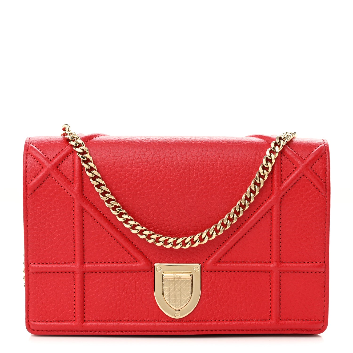 Christian Dior Grained Calfskin Diorama Wallet on Chain Pouch Rouge Vif 1 of 9