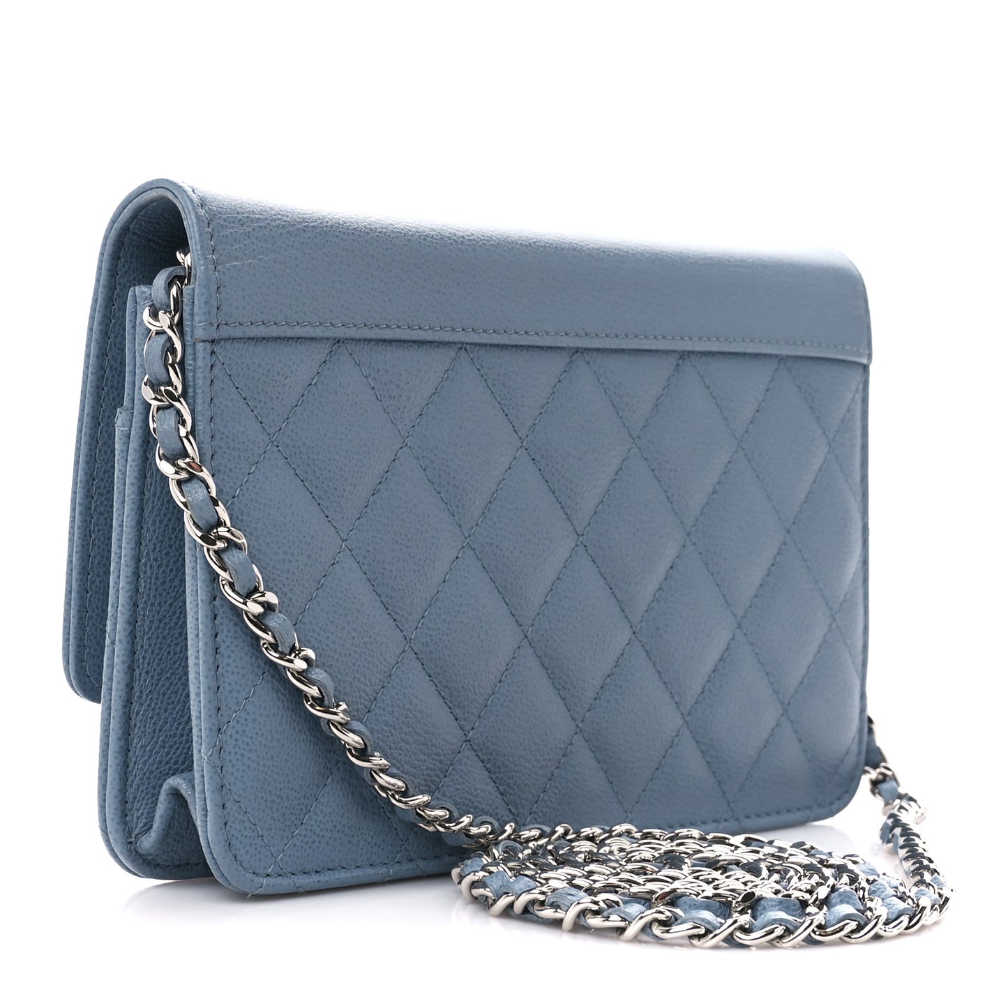 Grained Calfskin Quilted CC Box Wallet On Chain WOC Blue