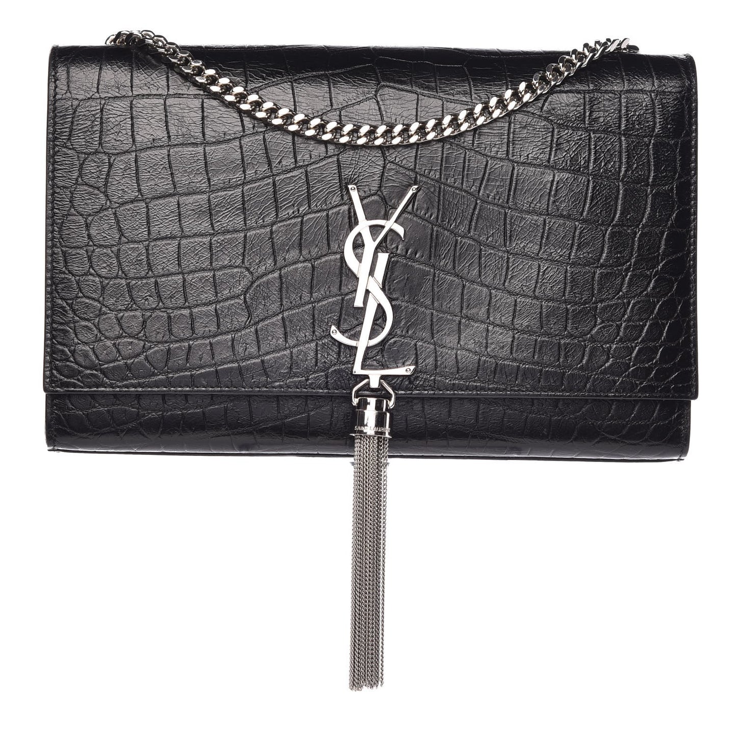 Calfskin Crocodile Embossed Medium Classic Monogram Kate Tassel Satchel Black