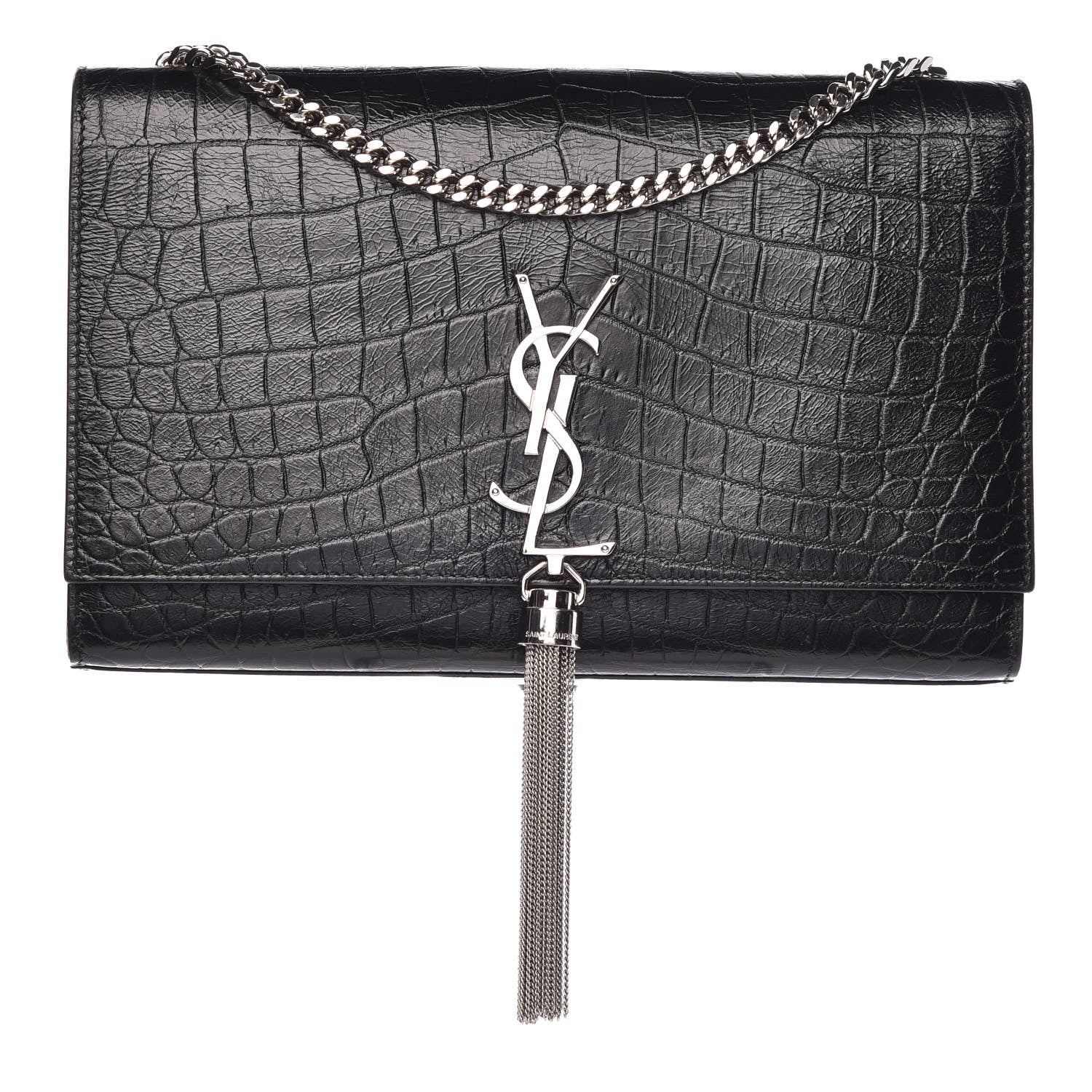 Saint Laurent Calfskin Crocodile Embossed Medium Classic Monogram Kate Tassel Satchel Black 1 of 8