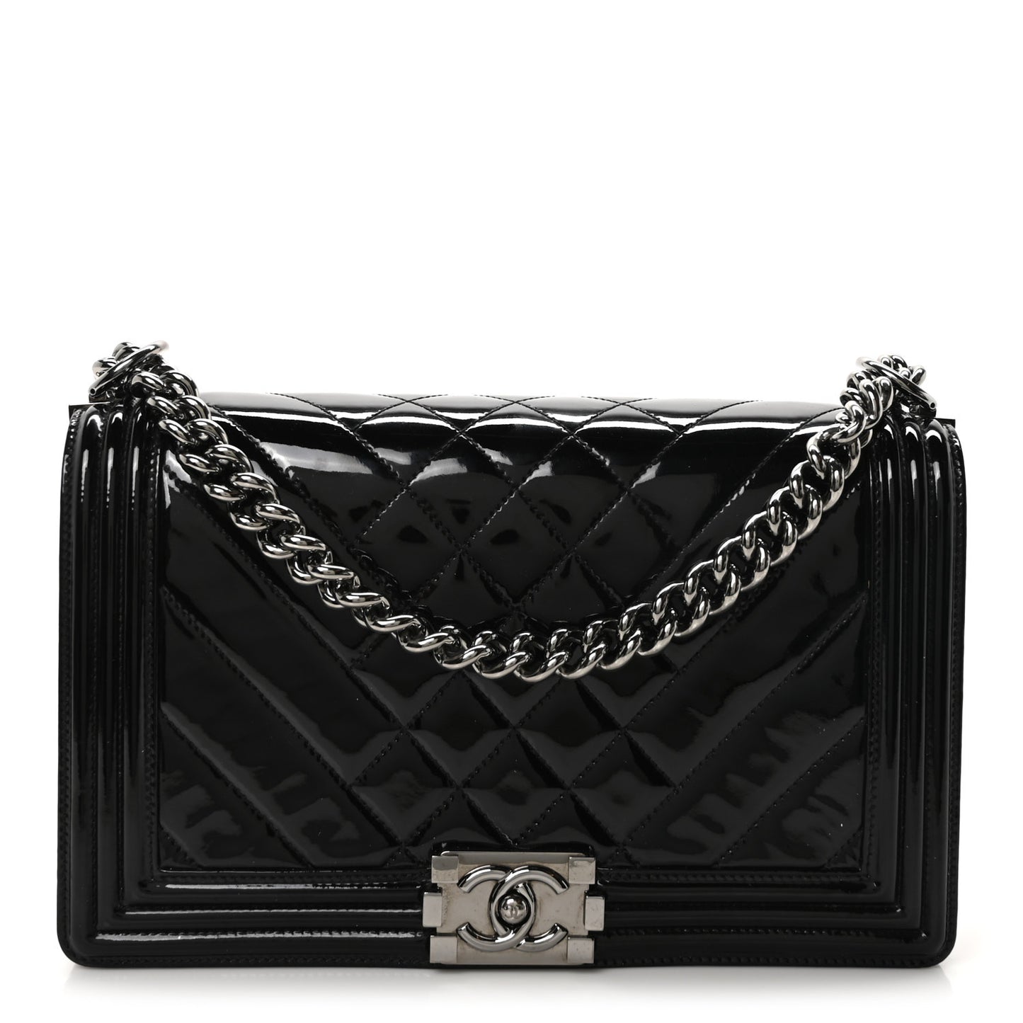 Patent Chevron Quilted New Medium Boy Flap Black