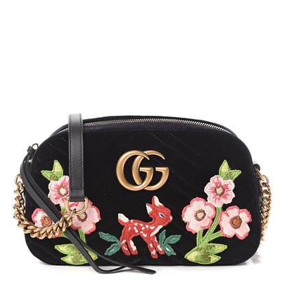 Gucci Velvet Matelasse Deer Embroidered Small GG Marmont Chain Shoulder Bag Black 1 of 10
