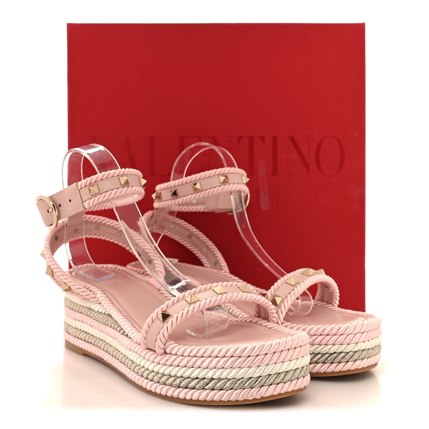 Calfskin Rockstud Rope Espadrille Wedge Sandals 41 Pink