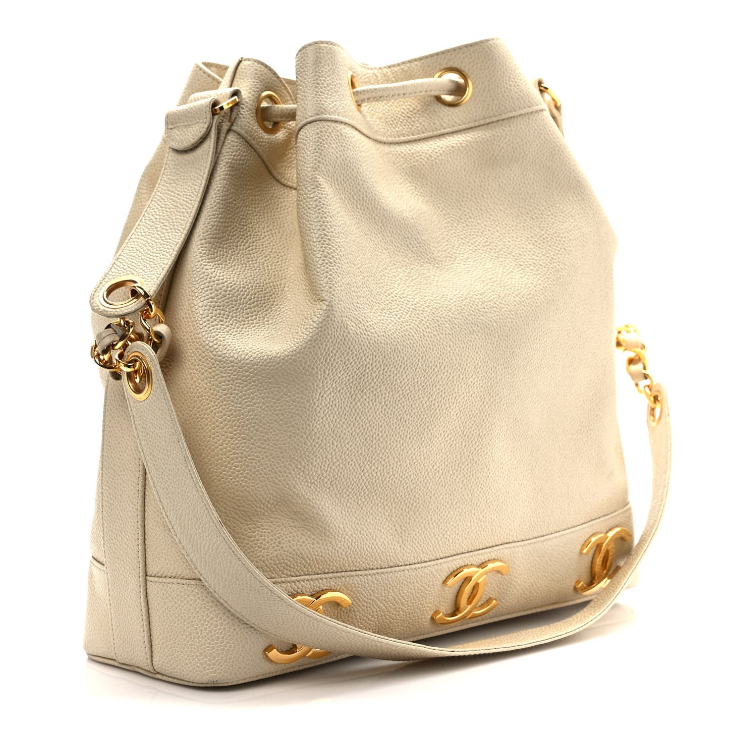 Caviar Drawstring Bucket Bag White