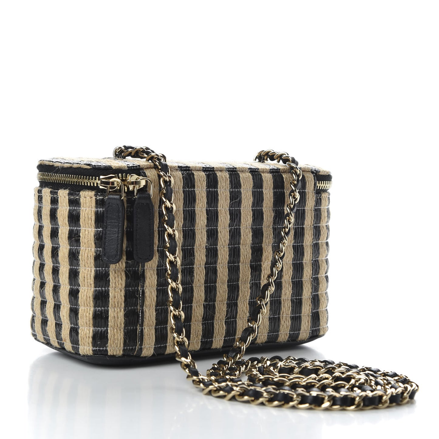 Raffia Jute Striped Small Vanity Case With Chain Black Beige