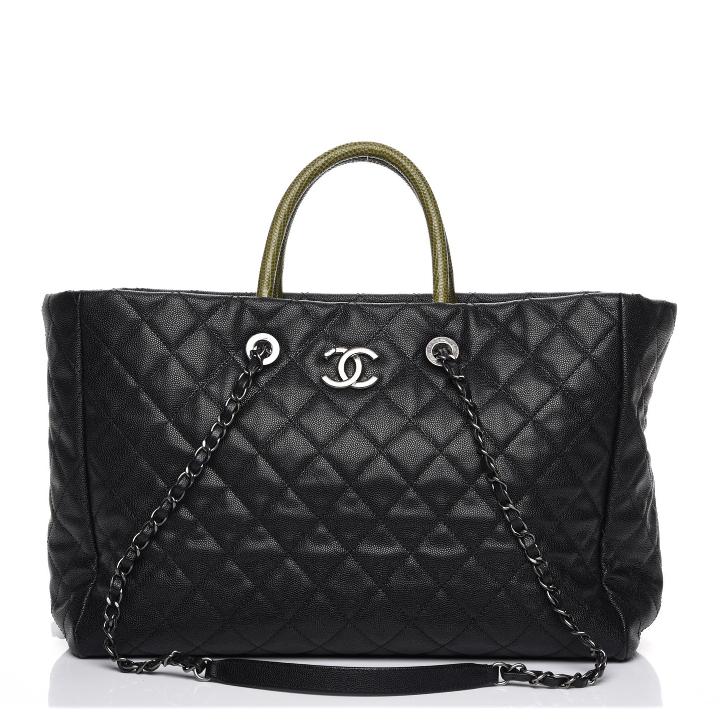 Caviar Lizard Quilted Large Coco Handle Shopping Tote Black
