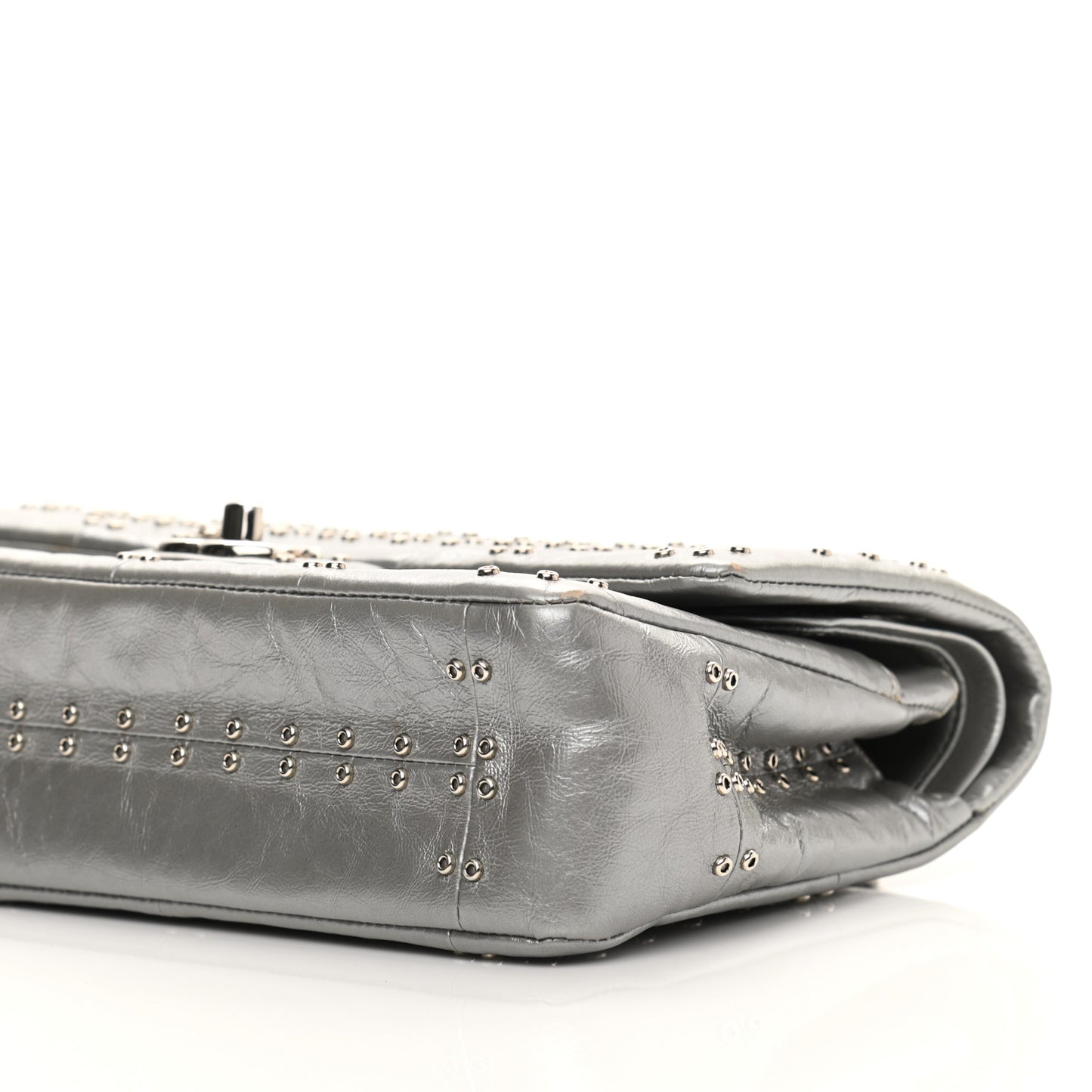 Glazed Calfskin Grommet Embellished Medium Airline Double Flap Silver