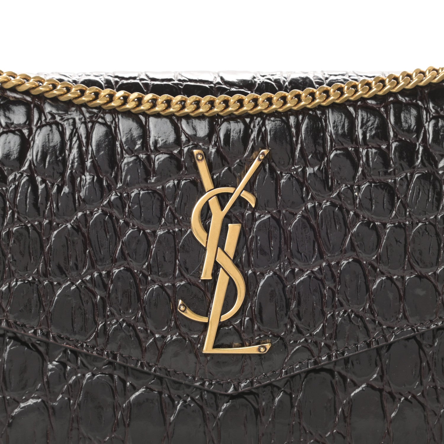 Saint Laurent Calfskin Crocodile Embossed Monogram Uptown Chain Wallet Fondente 9 of 12