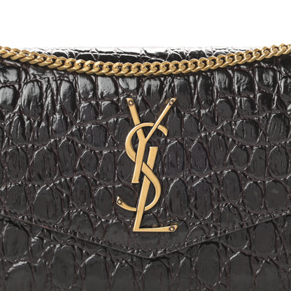 Saint Laurent Calfskin Crocodile Embossed Monogram Uptown Chain Wallet Fondente 9 of 12