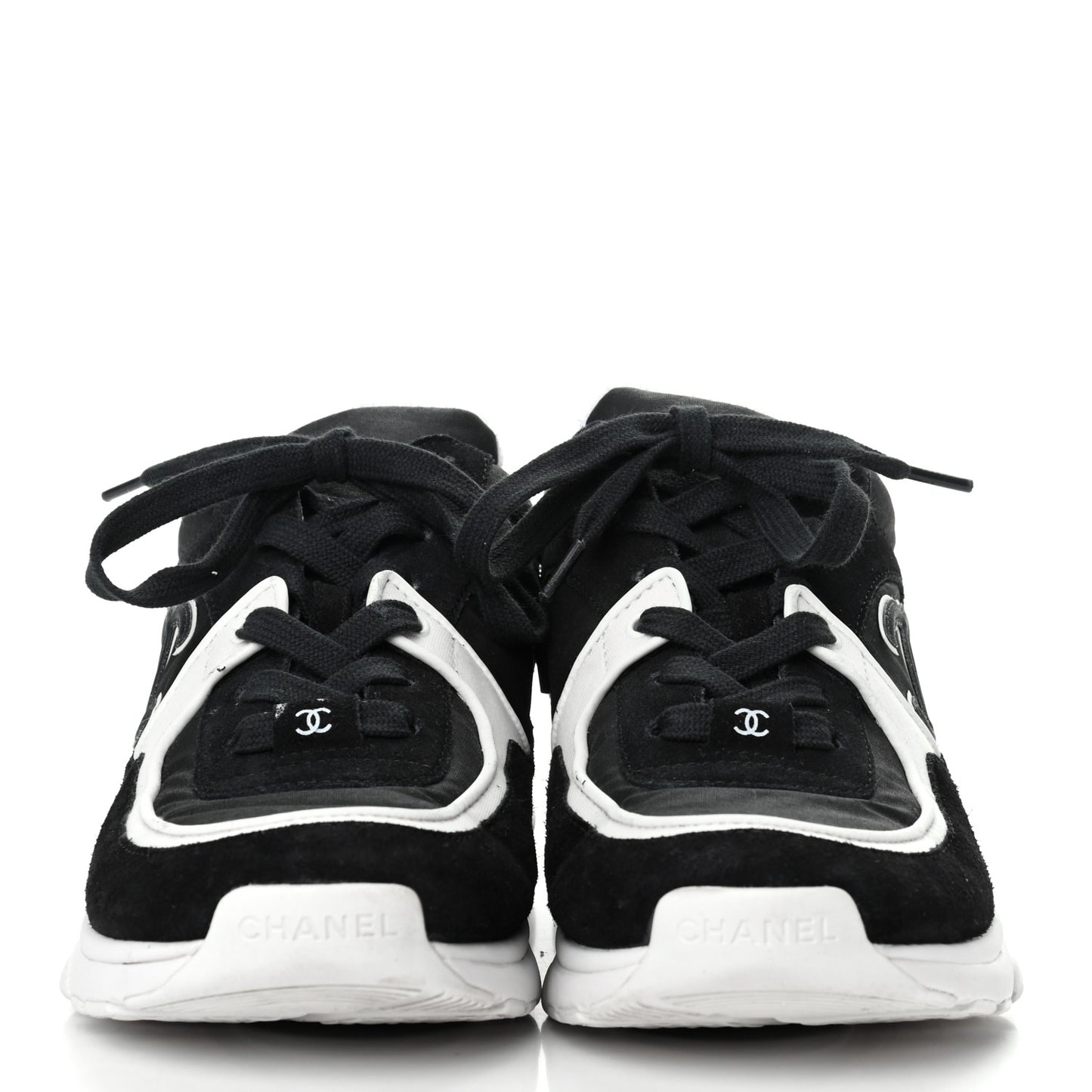 Nylon Calfskin Suede CC Womens Sneakers 38 Black White