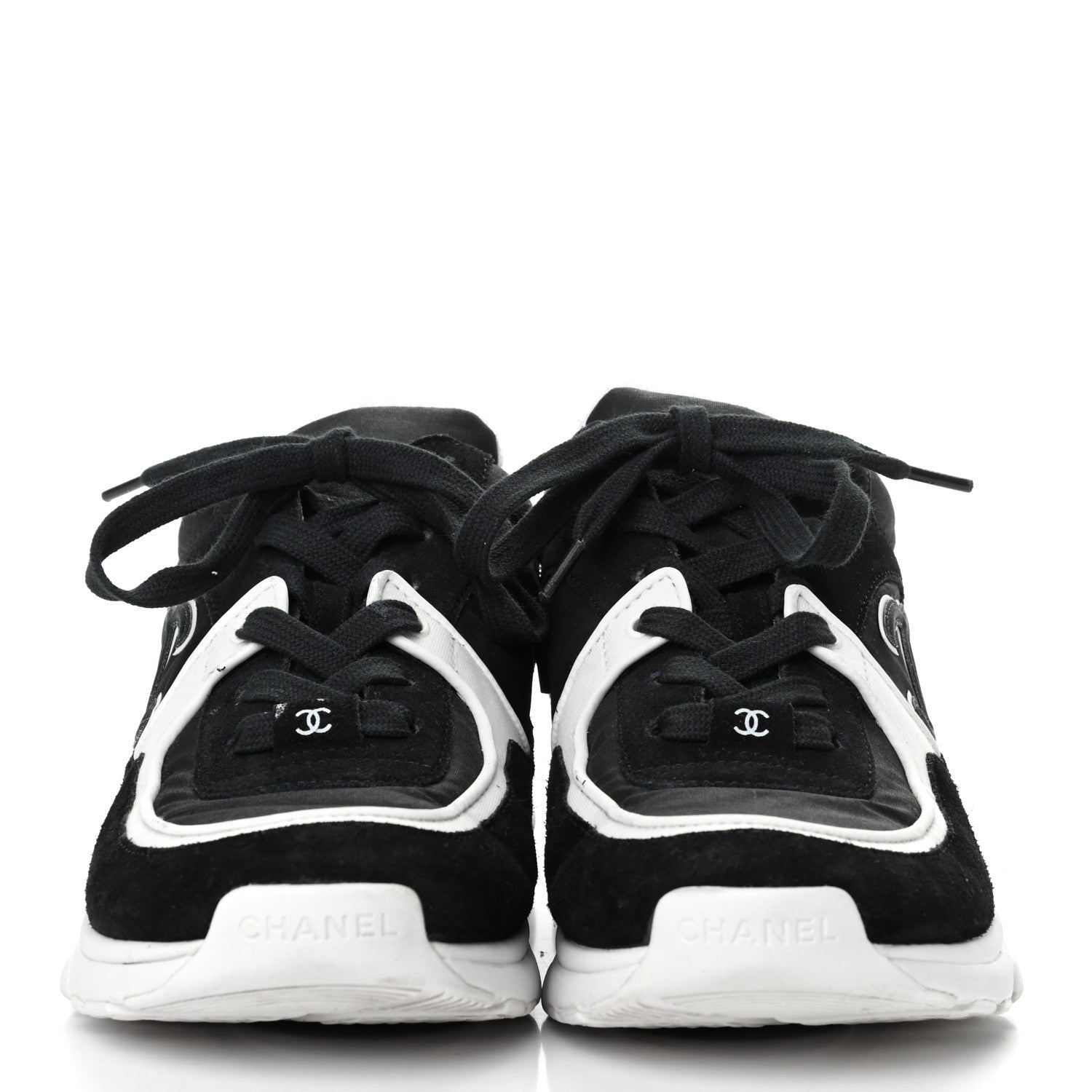 Chanel Nylon Calfskin Suede CC Womens Sneakers 38 Black White 2 of 8