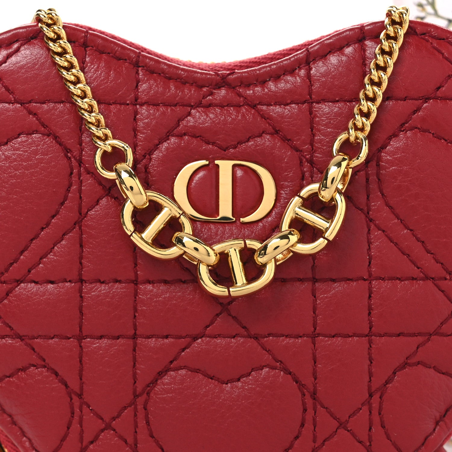 Christian Dior Calfskin Cannage Dioramour Caro Heart Pouch With Chain Bright Red 8 of 11