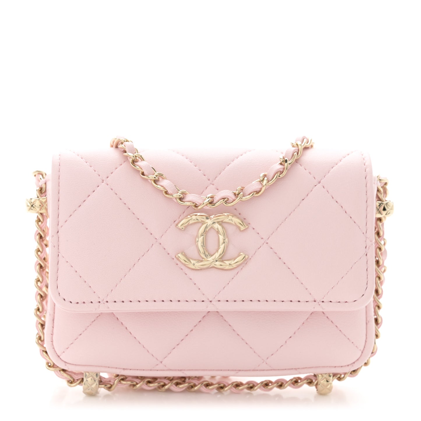 Lambskin Quilted Chain Around Coin Purse With Chain Light Pink