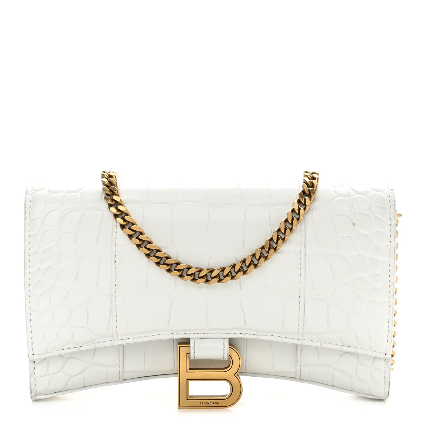 Shiny Calfskin Crocodile Embossed Hourglass Chain Bag White